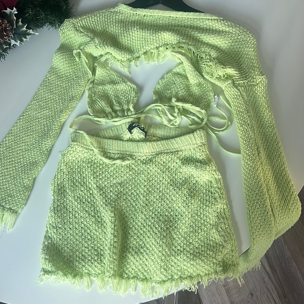 3 piece knitted green skirt set size XS